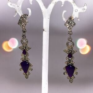 Purple Silver-Tone Art Nouveau Marcasite Drop 2.5" Earrings!